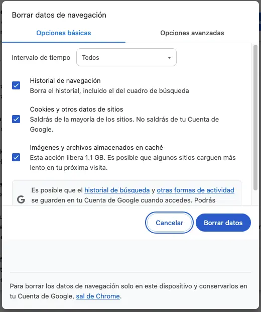 Eliminar cache en chrome